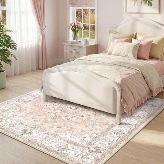 CAPALOCA Machine Washable Rugs Nursery Rug Sq5ft Cute Girl Non Slip Low Pile Water Repellent Soft Print Pattern for Bedroom Indoor Decor Kids Playroom Pink