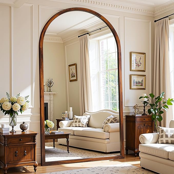 Full Length Mirror 82"×44" Floor Mirror Standing Tall Mirror, Arched Stand up Large Wall Mirrors, Freestanding Full Body Mirrors for Bedroom Living Room Wood Antique Style Walnut