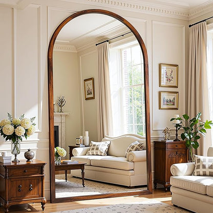 Full Length Mirror 82"×44" Floor Mirror Standing Tall Mirror, Arched Stand up Large Wall Mirrors, Freestanding Full Body Mirrors for Bedroom Living Room Wood Antique Style Walnut