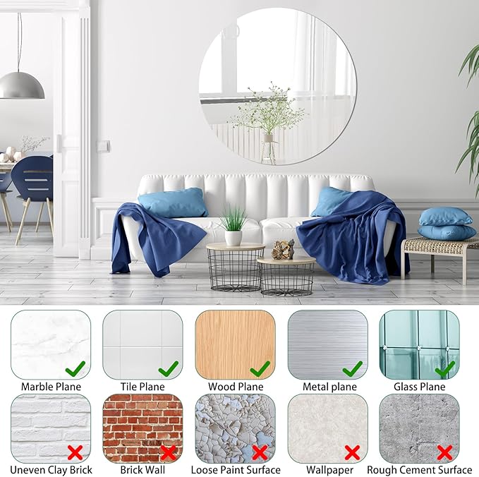 Round Glass Mirror, Suitable for bedrooms, Living Rooms, Dressing Tables, entryways, Above Sinks,Gyms, etc, 20-inch Glass Mirror Block (1 piece),high-Definition wall Mirror, Adhesive Mirror.
