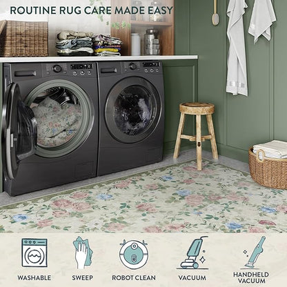 Lahome Floral Washable 5x7 Rug, Boho Area Rug for Bedroom,Vintage Living Room Rugs Non Slip Low Pile Ultra-Thin Large Carpet for Farmhouse,Dining Room,Kids Playroom Nina(5'X7',Cream/Green)