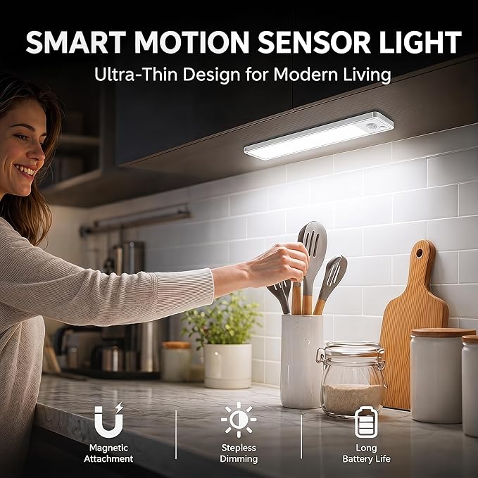 Under Cabinet Rechargeable Lighting: 8 Inch Motion Sensor Dimmable Lights Indoor - Battery Operated Lights - Wireless Closet Light Magnetic Led Light for Kitchen Home Bathroom Counter 4 Pack