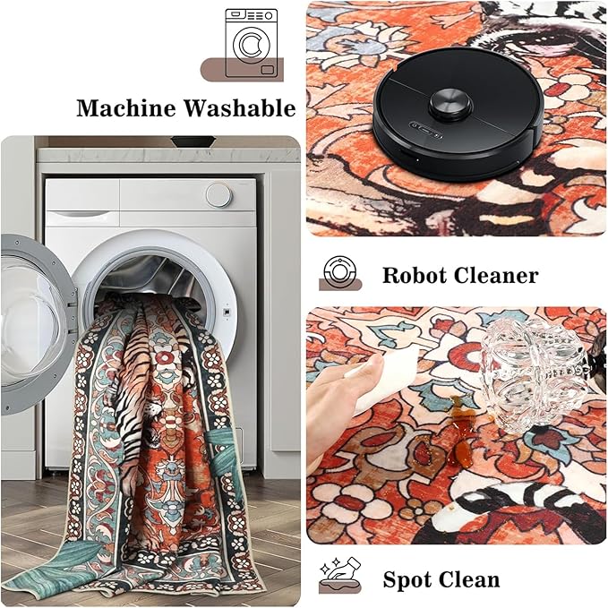 Tiger Washable Rugs for Living Room 4x6Ft, Boho Jungle Bedroom Area Rugs, Thin Botanical Entryway Nursery Area Floor Carpets for Dorm Dining Room Kids Playroom Study Farmhouse, Rust Red