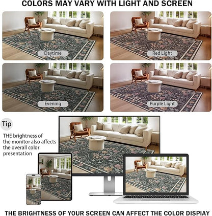 Floral Area Rug 8x10 Washable Vintage Non Slip Rug Large Soft Low Pile Stain Resistant Rugs for Living Room Bedroom Dining Room Laundry Indoor, Dark Grey