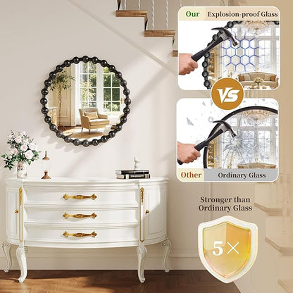 Round Vanity Mirror with Beaded Frame, 24 Inch Circle Wall Mirror for Bedroom Dresser, Entryway, Bathroom, Living Room, Decorative Hanging Wall Mirror, Black