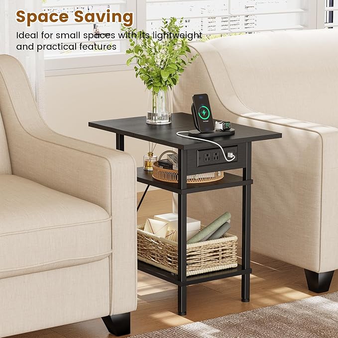 Asgolion Side Table with Charging Station, Skinny Nightstand with USB Ports and Outlets, 3 Tier Narrow End Table with Storage for Bedroom, Living Room, Office, Black