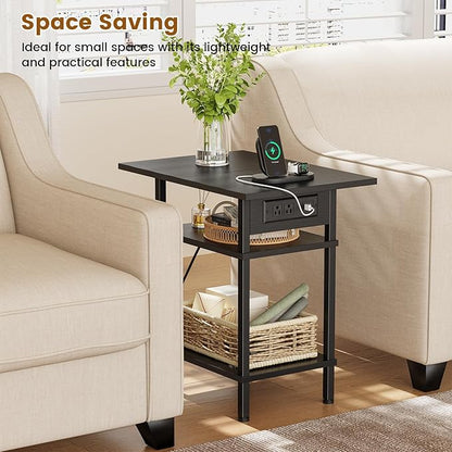 Asgolion Side Table with Charging Station, Skinny Nightstand with USB Ports and Outlets, 3 Tier Narrow End Table with Storage for Bedroom, Living Room, Office, Black