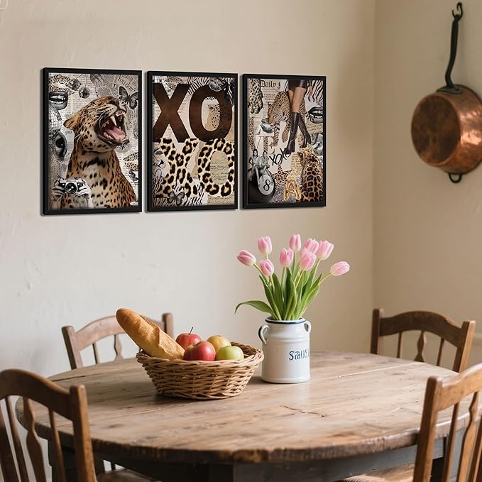 Framed Trendy Leopard Roar Canvas Wall Art Srt of 3, Fashion Stylish Cheetah Prints, Trendy Boots Poster, Aesthetic Fashion Wall Decor for Living Room Bedroom – Black Wooden Frame 12x16in