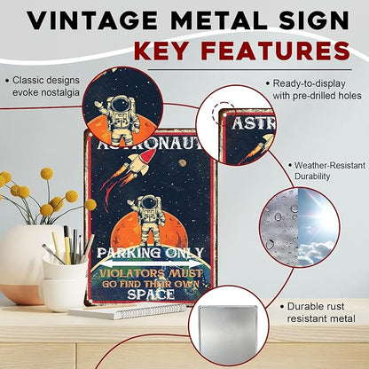 Astronaut Parking Only Metal Sign Playroom Vintage Decor Sign for Planet Decoration 12x16inch