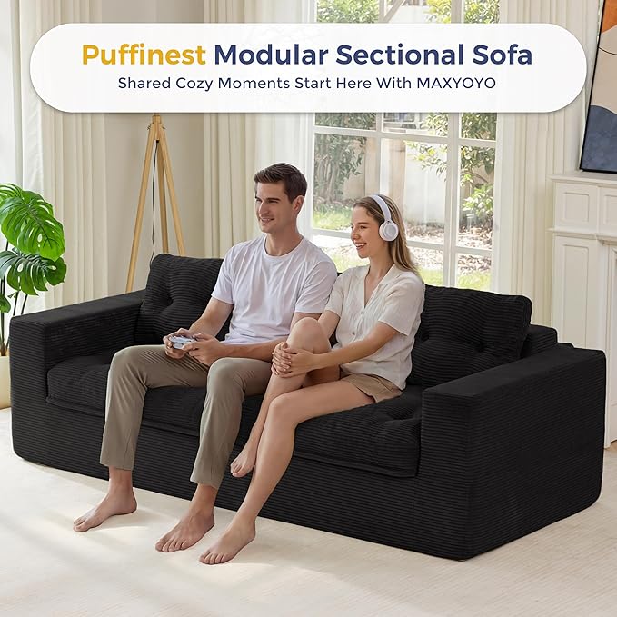 MAXYOYO 79" Loveseat Sofa Couch for Small Spaces, Upholstered Boneless Cloud Couch for Apartment Bedroom, 3-Seater Love Seat Floor Modern Sofa with Pillows, No Assembly Required, Black