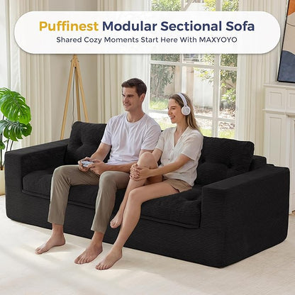 MAXYOYO 79" Loveseat Sofa Couch for Small Spaces, Upholstered Boneless Cloud Couch for Apartment Bedroom, 3-Seater Love Seat Floor Modern Sofa with Pillows, No Assembly Required, Black