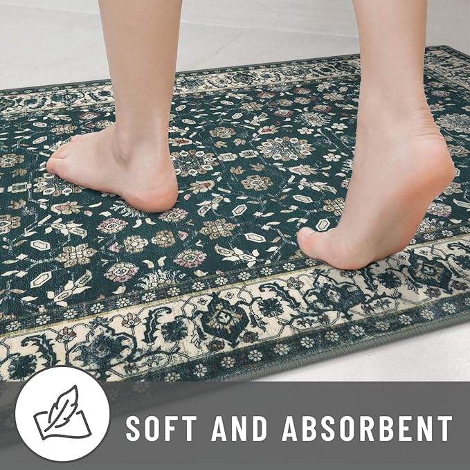 KUTA Vintage 2x3 Rugs for Entryway, Non-Slip Washable Kitchen Rugs & Indoor Door Mat with Floral Print, Green Beige Ultra Thin Soft Low-Pile Throw Rug for Front Door, Bedside, Small Spaces