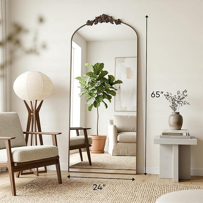 Antok Arched Full Length Mirror, 65"x24" Floor Mirror with Carved, Full Body Mirrors for HomeDecor, Standing/Halling Large Wall Mirror for Bedroom, Living Room, Cloakroom, Bronze, Vintage Style