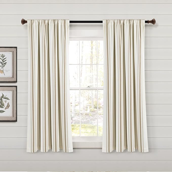 Lush Decor Farmhouse Stripe Yarn Dyed Eco-Friendly Recycled Cotton Window Curtain Panel Pair, 42" W x 63" L, Neutral - Classic Modern Rustic Charm - Eco Friendly Cotton Fabric