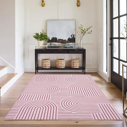 ROYHOME Washable Rug 5x7 Area Rugs for Living Room, Abstract Rug for Bedroom, Soft Rainbow Non Slip Throw Rugs with Rubber Back, Low Pile Stain Resistant Boho Geometric Carpet for Dining Room, Pink