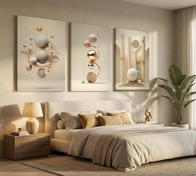 3pcs Modern Three-Dimensional Geometric Spheres Canvas Wall Art Abstract Luxury Beige Gold Wall Decor Pictures Minimalist Medieval Posters Prints for Bedroom Living Room Office Scene Home Decoration