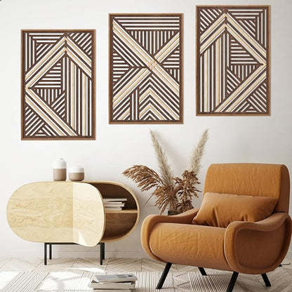 CHDITB Boho Geometric Wood Wall Art(Set of 3, 16"x24"), Large Modern Wooden Panel Hollow Line Art Decor, Rustic Abstract Minimalist Wall Hanging Artwork for Bedroom Living Room Office