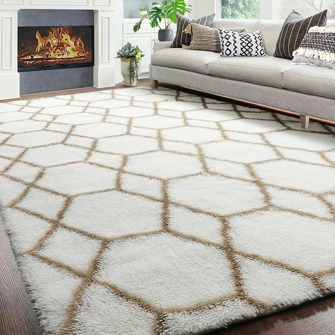 ONASAR Rugs for Living Room Bedroom, 5x8 Fluffy White and Beige Area Rug, Geometric Boho Soft Plush Shaggy Floor Carpet Mat for Nursery Kids Girls Boys Teen Dorm Home Decor Aesthetic