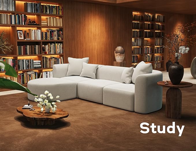 116" Modular Sectional Couches with Ottoman, Luxury Modern Curved Back Sofa, Minimalist Style Oversized 4 Seat Deep Comfy Convertible L Shape Boneless Couch for Living Room Studio Apartment, Beige