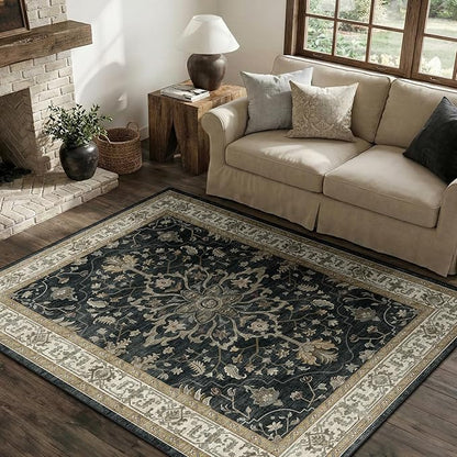RELEANY Area Rugs 4'x6' Washable Non-Slip, Floral Vintage Distress Print Pattern Medallion Carpet for Living Room Bedroom Dining Room, Vintage Black Brown Neutral