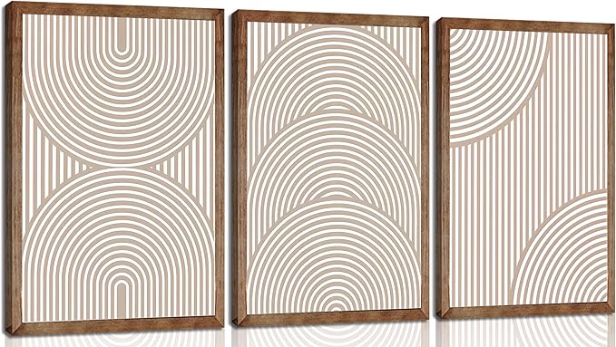 3Pcs Beige Neutral Wall Art Boho Minimalist Line Canvas Paintings Abstract Beige and White Line Wall Decor Mid Century Geometric Posters Prints for Living Room Bedroom Office Art Pictures Unframed