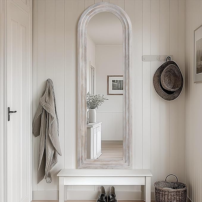 MELOMOIR Arched Full Length Mirror with Solid Wood Frame, 64"x21" Rustic Farmhouse Floor Mirror with Stand, Free Standing Leaning Hanging, for Bedroom Living Room Dressing Room, Distressed White