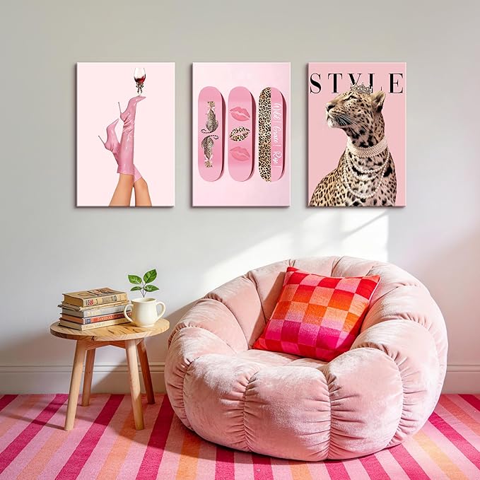 WENGTIAO 3Pcs Pink Leopard Canvas Wall Art Fashion Cheetah Paintings Prints Lucky Skateboard Pictures Boots Martini Posters Decor Coquette Preppy Aesthetic Artwork for Living Room Bedroom 16x24x3 inch