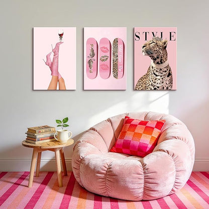 WENGTIAO 3Pcs Pink Leopard Canvas Wall Art Fashion Cheetah Paintings Prints Lucky Skateboard Pictures Boots Martini Posters Decor Coquette Preppy Aesthetic Artwork for Living Room Bedroom 16x24x3 inch