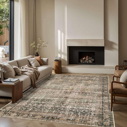 Rugxara 6x9 Area Rugs for Living Room Bedroom, Large Washable Rug, Brown Vintage Retro Boho Rug, Non Slip & Low Pile Faux Wool Thin Carpet for Indoor Dining Room and Kids Room(Charcoal/Olive 6x9ft)
