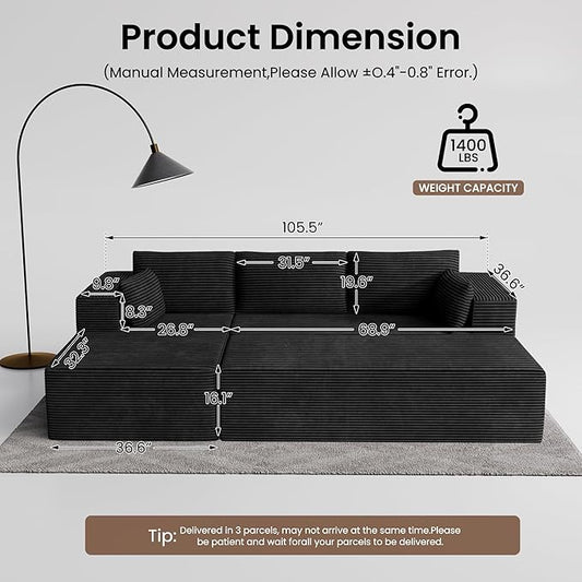 GRUSIGN 106" Oversized Sectional Boneless Sleeper Sofa Bed Couches for Living Room, Modular L Shaped Couch with Left Facing Chaise & Big Ottoman, Compressed Spineless Corduroy Cloud Sofas, Black | Deep Seat