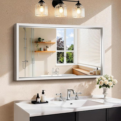 CIRCUMI 24"x40" Brushed Silver Mirror with Chunky Box Metal Frame, Bathroom Mirror for Vanity Remodel & New Home, Living Room, Entryway, Rectangular Wall Mirror, Tempered Glass, Vertical or Horizontal
