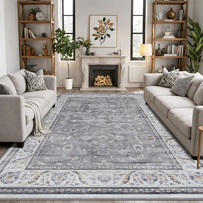 LUMI 8x12 Washable Area Rug for Living Room, Ultra Soft Traditional Vintage Rugs Non Slip with Rubber Backing, Low Profile, High Traffic, Stain Resistant Carpets, Ideal for Bedroom, Dining Room