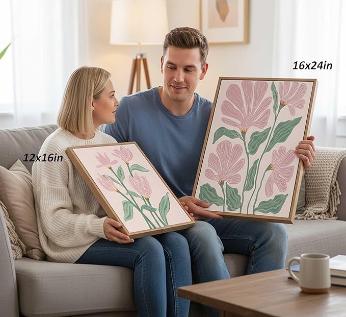 Framed 3 Pcs Pink Tulips Flowers Canvas Wall Art Boho Pink and Green Abstract Floral Botanical Paintings Pictures Wall Decor Poster Print Artwork for Living Room Bedroom Home Decoration