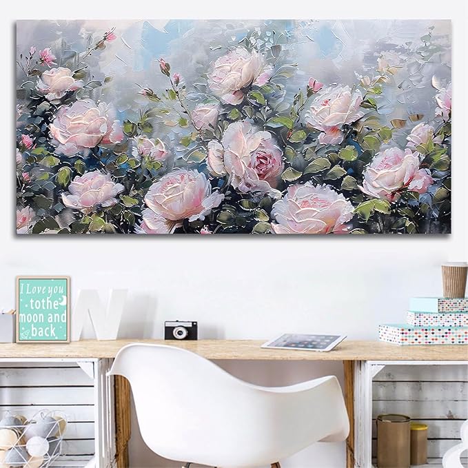 Enartly Pink Flower Wall Art Large Living Room Bedroom Wall Decor Rose Canvas Painting Floral Picture Bloosom Textured Green Modern Artwork Framed for Bathroom Kitchen Home Office Decoration, 40"x20"
