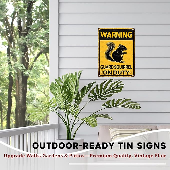 Squirrel Vintage Sign Warning Guard Squirrel on Duty Metal Sign for Home Bedrooms Kitchen Bars Pubs Garages Gardens Patios Porches 12x16inch