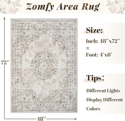 Area Rug 4x6 Vintage Rug: Washable Indoor Medallion Rugs Low Pile Distressed Floor Carpet Retro Accent Rug for Living Room Bedroom Kitchen Dining Table Home Office(Distressed Taupe, 4'x6')