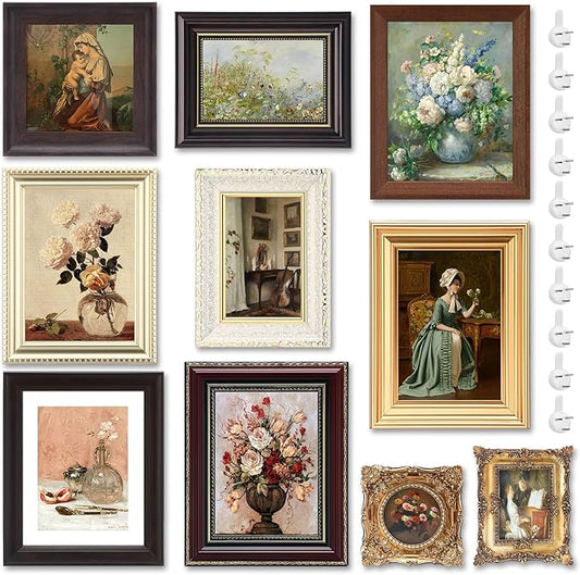 Qunclay 10 Pack Vintage Picture Frames for Wall or Tabletop Display Ornate French Country Gallery Frames Farmhouse Antique Wall Decor for Bedroom Living Room, No Photos Included(Simple Style)