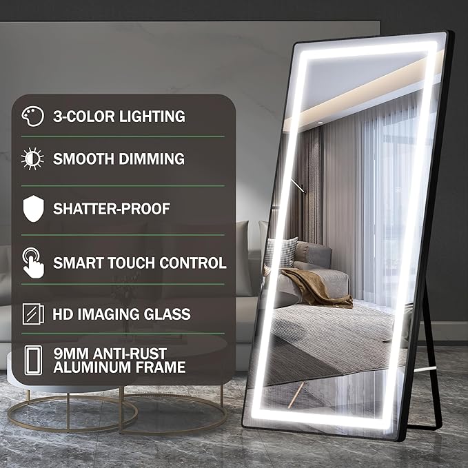 FENNIO Full Length Mirror with Lights, 70" x 32" LED Full Body Mirror, Free Standing Lighted Floor Mirror, Wall Mounted Hanging Mirror with Lights for Bedroom, Salon, Brushed Aluminum Frame, Black