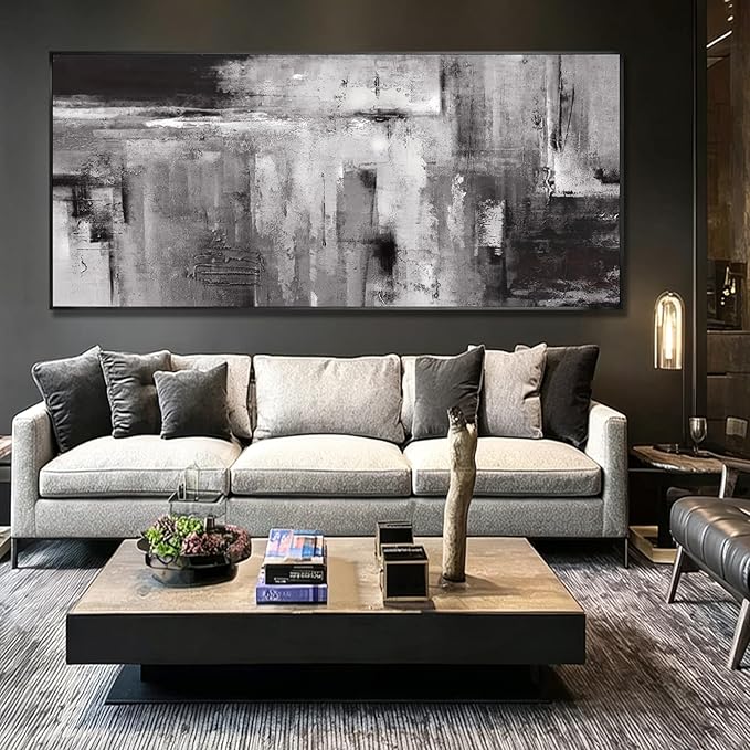 Large Framed Black and Grey Wall Art for Living Room,Neutral Abstract Canvas Wall Decor Modern Canvas Prints for Bedroom Office 32"x70"