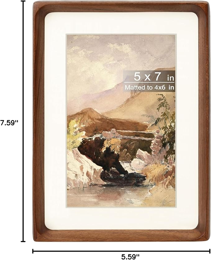 5x7 Picture Frame with Mat for 4x6, Natural Walnut Wood Handcrafted Rounded Corner with Real Glass, Vertical or Horizontal Display Photo Gallery Wall & Tabletop Frame