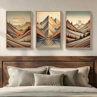 Aryroi Vintage Woodcut Style Mountain Framed Canvas Wall Art Set,Mid Century Nature Woodland Pine Tree Wall Decor,Modern Boho Brown Sunrise Forest Artwork for Living Room,Bedroom,Office- 16"x24"x3