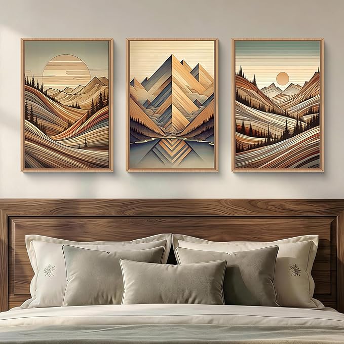 Aryroi Vintage Woodcut Style Mountain Framed Canvas Wall Art Set,Mid Century Nature Woodland Pine Tree Wall Decor,Modern Boho Brown Sunrise Forest Artwork for Living Room,Bedroom,Office-24 x36 x3