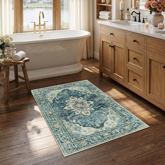 RELEANY Area Rugs 2'6"x4' Kitchen Rugs Entry Rug Small Rugs for Entryway Kitchen Bathroom Door Mat Indoor Entrance,Washable Non Slip, Dark Blue Vintage