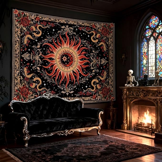 Neasow Gothic Sun Tapestry,Vintage Rose Snake Floral Wall Hanging, Mystic Retro Black Red Decor for Home Bedroom Living Room, 60x80 inches