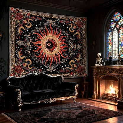Neasow Gothic Sun Tapestry,Vintage Rose Snake Floral Wall Hanging, Mystic Retro Black Red Decor for Home Bedroom Living Room, 60x80 inches