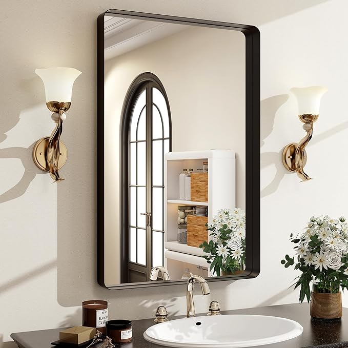 30"x22" Black Bathroom Mirror - Modern Mirror for Wall with Rounded Corners，Bathroom Mirrors for Vanity, Aluminum Alloy Framed Mirror Portrait or Landscape Hang, Rectangle Mirrors for Bedroom