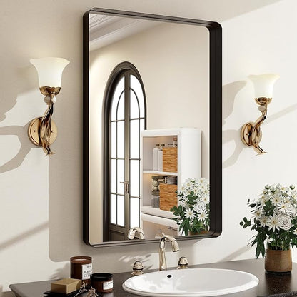 30"x22" Black Bathroom Mirror - Modern Mirror for Wall with Rounded Corners，Bathroom Mirrors for Vanity, Aluminum Alloy Framed Mirror Portrait or Landscape Hang, Rectangle Mirrors for Bedroom
