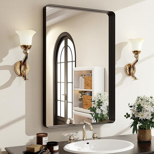 30"x22" Black Bathroom Mirror - Modern Mirror for Wall with Rounded Corners，Bathroom Mirrors for Vanity, Aluminum Alloy Framed Mirror Portrait or Landscape Hang, Rectangle Mirrors for Bedroom