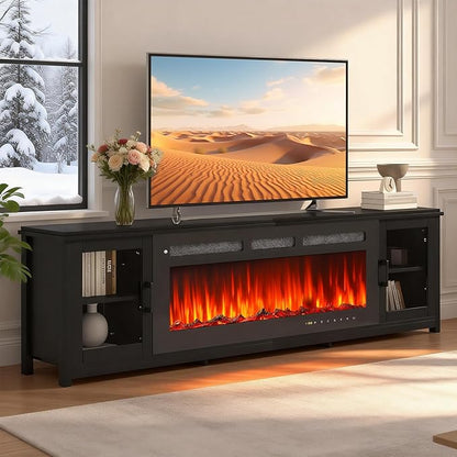 oneinmil 80" Fireplace TV Stand, 50 Inch Electric Fireplace & Modern Entertainment Center, TV Console with Adjustable Shelf & Glass Door for TVs Up to 90", Fire Place TV Stands for Living Room, Black