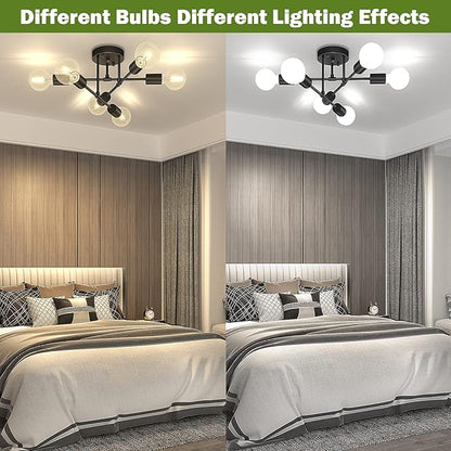 Asnxcju Modern Semi Flush Mount Ceiling Light, 6-Lights Black Sputnik Chandelier for Bedroom Lighting, Industrial Kitchen Light Fixture Ceiling Mount for Dining Room Hallway Living Room, UL Listed